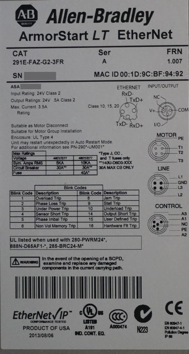 Parts Allen Bradley 291E-FAZ-G1-3FR ArmorStart LT EtherNet Series A