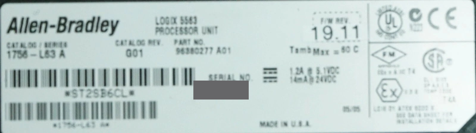 Allen-Bradley 1756-L63/A ControlLogix Logix5563 8MB Memory Tested FRN.19.11