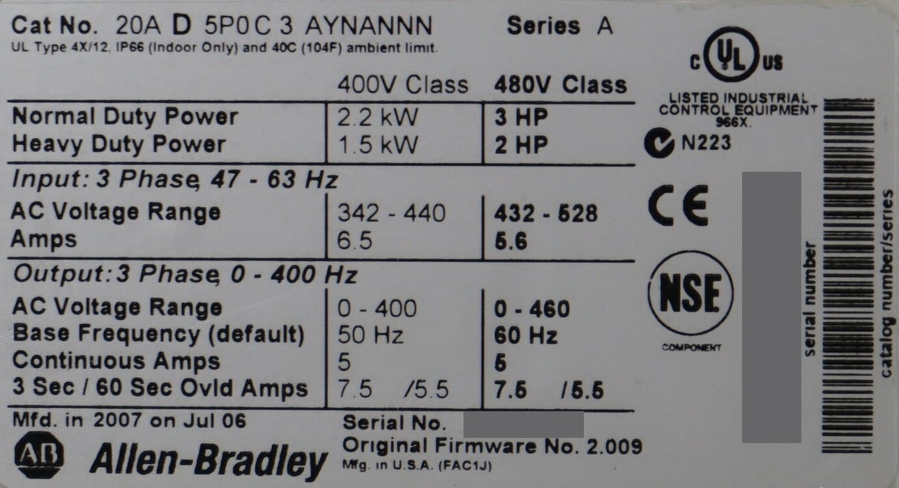Allen-Bradley 20AD5P0C3AYNANNN PowerFlex 70 3 HP Series A Tested Good FRN:2.009
