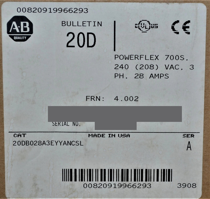 Allen-Bradley 20DB028A3EYYANCSL PowerFlex 700S 10 HP Series A FRN: 4.002 New