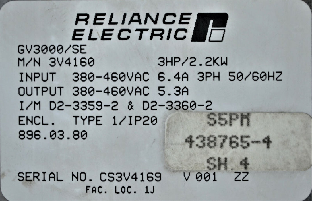 RELIANCE ELECTRIC GV3000/SE 3 HP 3V4160 VER 6.01 INVERTER TESTED GOOD NO COVER