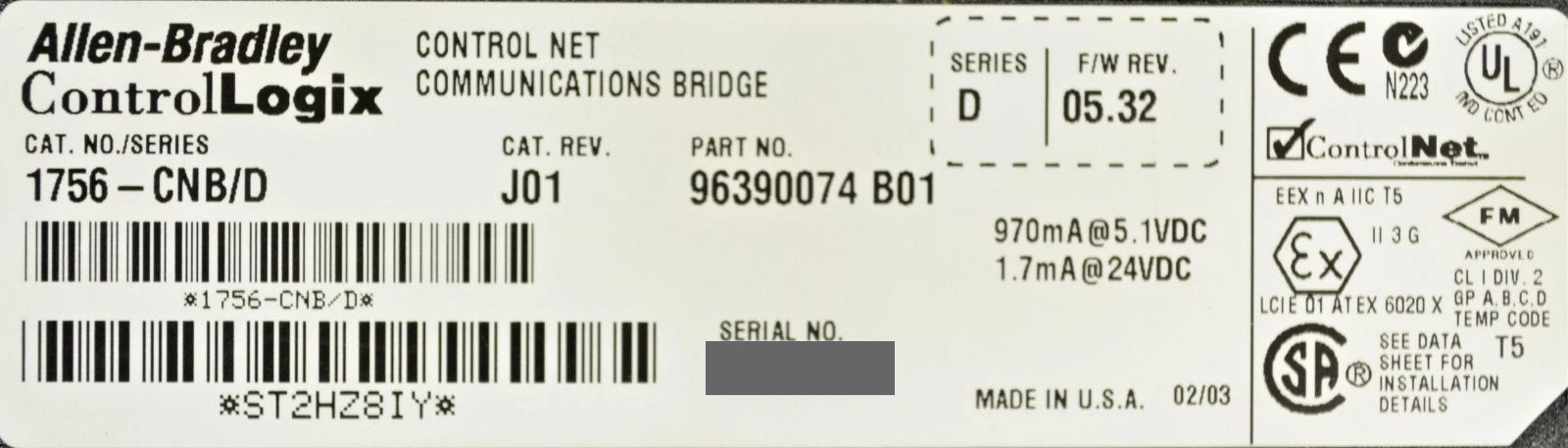 Allen-Bradley 1756-CNB D Firmware 5.32 ControlLogix ControlNet Bridge Module J01