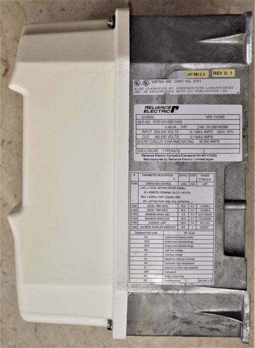 Reliance Electric GV3000 1V2460 FRN 6.04 1 HP 230 VAC Tested Good Cracked Cover