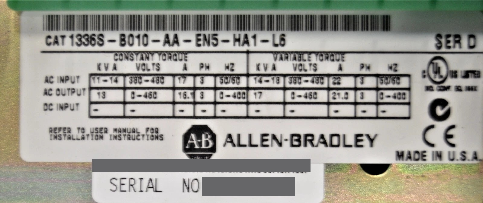 NEW ALLEN BRADLEY ADJUSTABLE FREQUENCY AC DRIVE 1336S-B010-AA-EN5-HA1-L6 SER. D