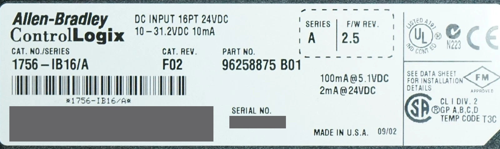 Allen-Bradley 1756-IB16/A FRN:2.5 ControlLogix Module Tested Good