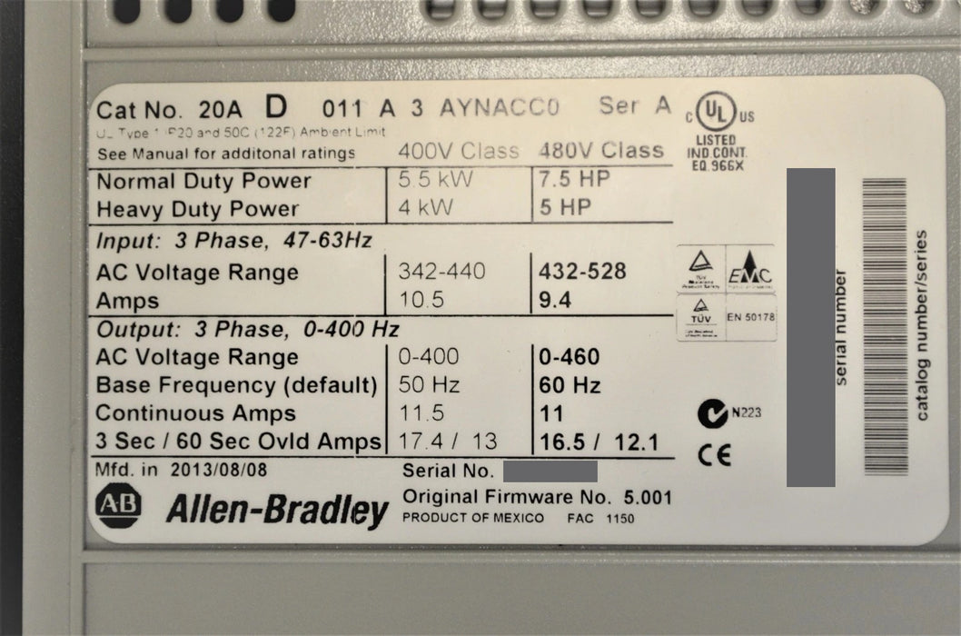 Allen-Bradley Powerflex 70 7.5 HP, 11 AMPS, 20AD011A3AYNACC0 Ser A, 5.001 2013