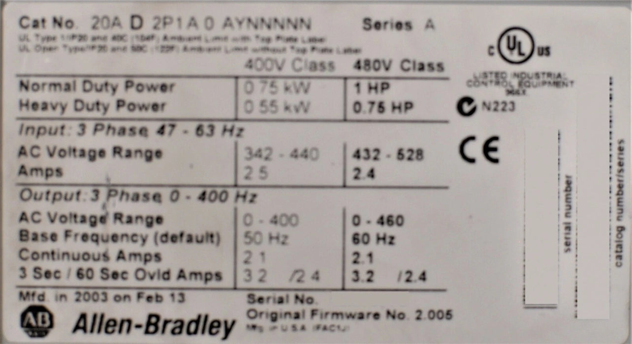 Allen-Bradley PowerFlex 70 20AD2P1A0AYNNNNN Ser.A 1 HP 2.005 2.1 Amps AC Drive