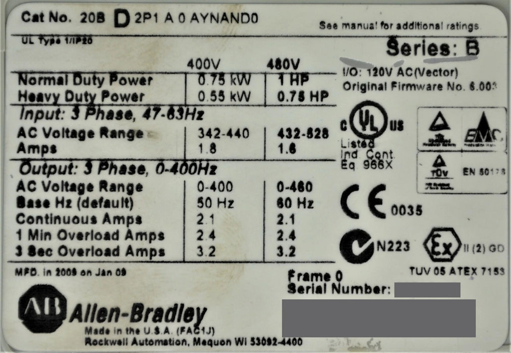 Allen-Bradley PowerFlex 700  1 HP 20BD2P1A0AYNAND0 CORE ONLY Clean Tested Good