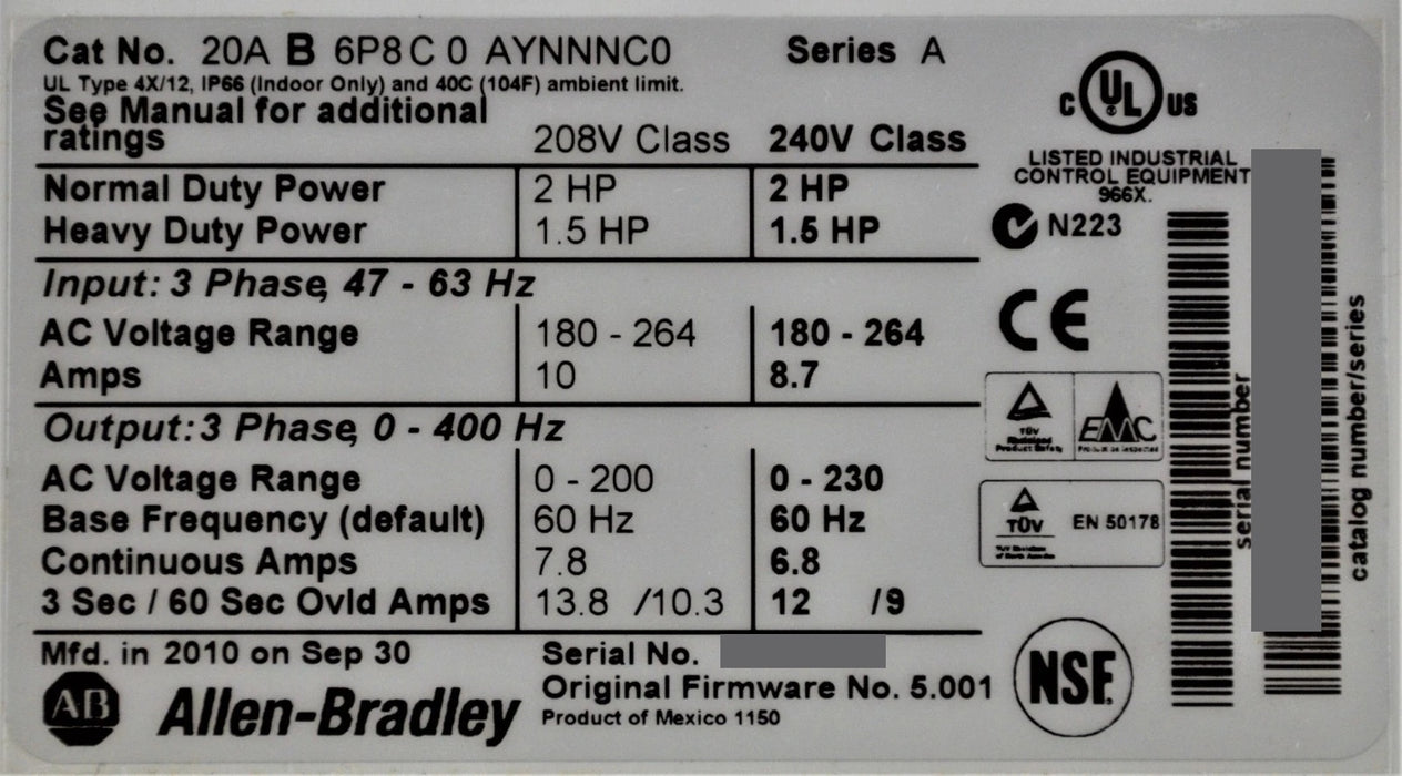 New In Box Allen-Bradley PowerFlex 70 2 HP 20AB6P8C0AYNNNC0  Mfd. 2010  240VAC