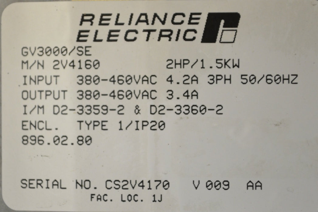 Reliance Electric GV3000 2V4160 SE Vector 2 HP V. 6.01 Inverter Drive Tested*