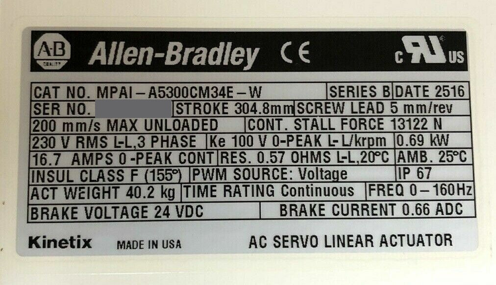 New Allen Bradley MP Series Heavy Duty Electric Cylinder MPAI-A5300CM34E-W