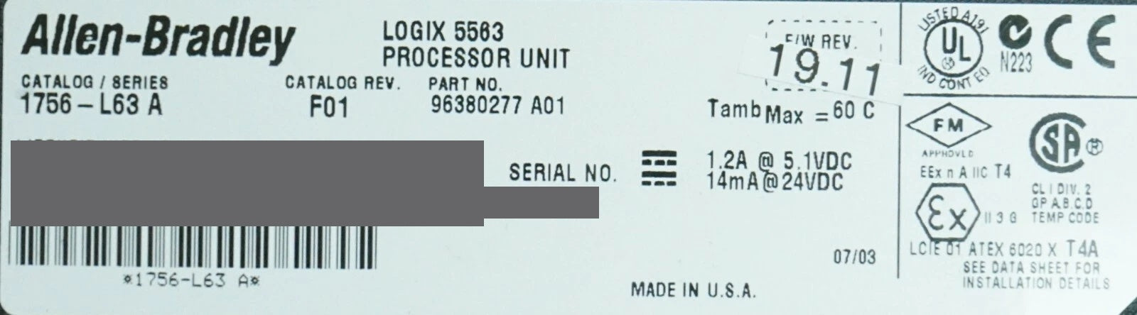 Allen Bradley 1756-L63/A ControlLogix Logix5563 8MB Memory Tested FRN.19.11