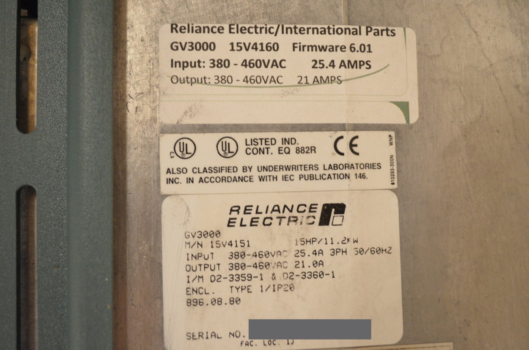 RELIANCE ELECTRIC GV3000 15 HP 15V4160 VER. 6.01 AC DRIVE CLEAN TESTED OK