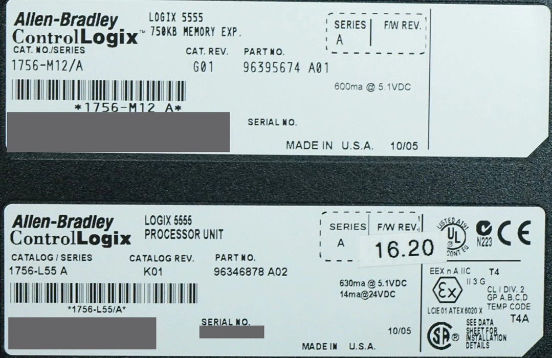 Allen-Bradley 1756-L55/A W/ 1756-M12/A ControlLogix 5555 FRN 16.20 Tested Good