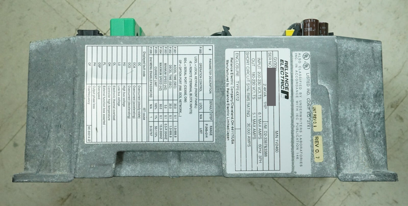 Reliance Electric GV3000 1V2460 FRN 6.06 1HP 230 VAC Tested Power Supply Only