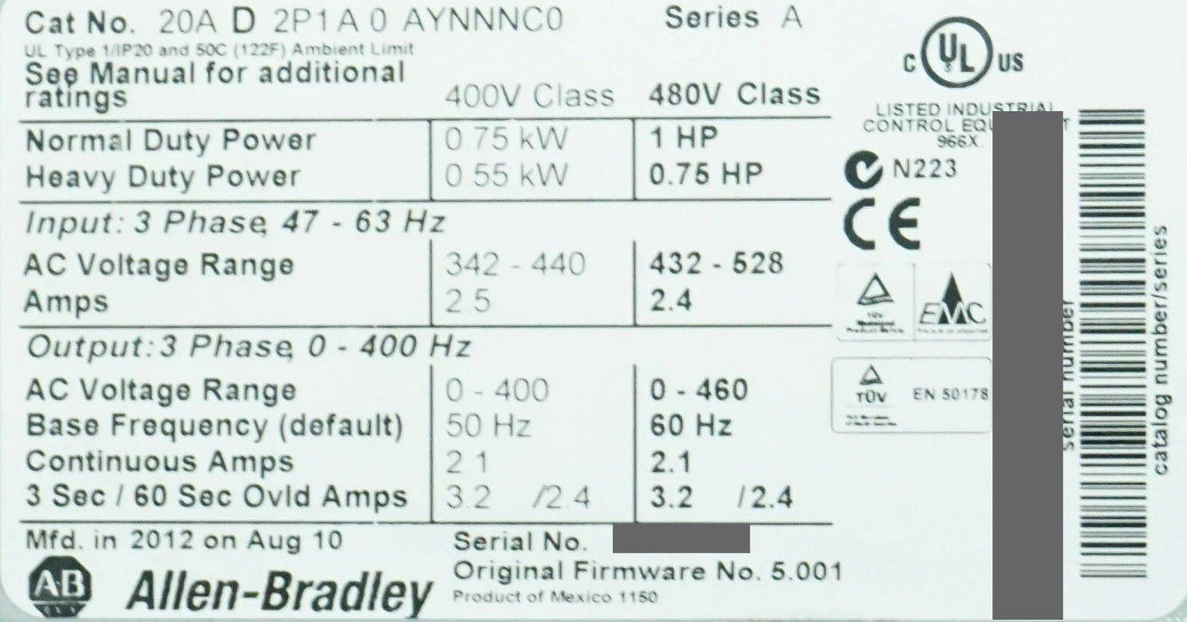 Allen-Bradley PowerFlex 70 1 HP 20AD2P1A0AYNNNC0 480 VAC FRN 5.001 Tested Good