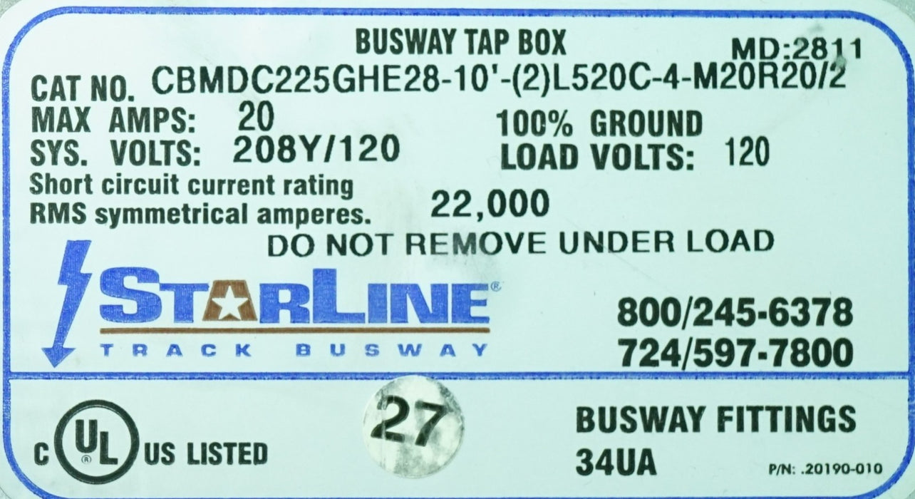 StarLine Busway Tap Box CBMDC225GHE28-10'-(2)L520C-4-M20R20/2 20A 208Y/120V
