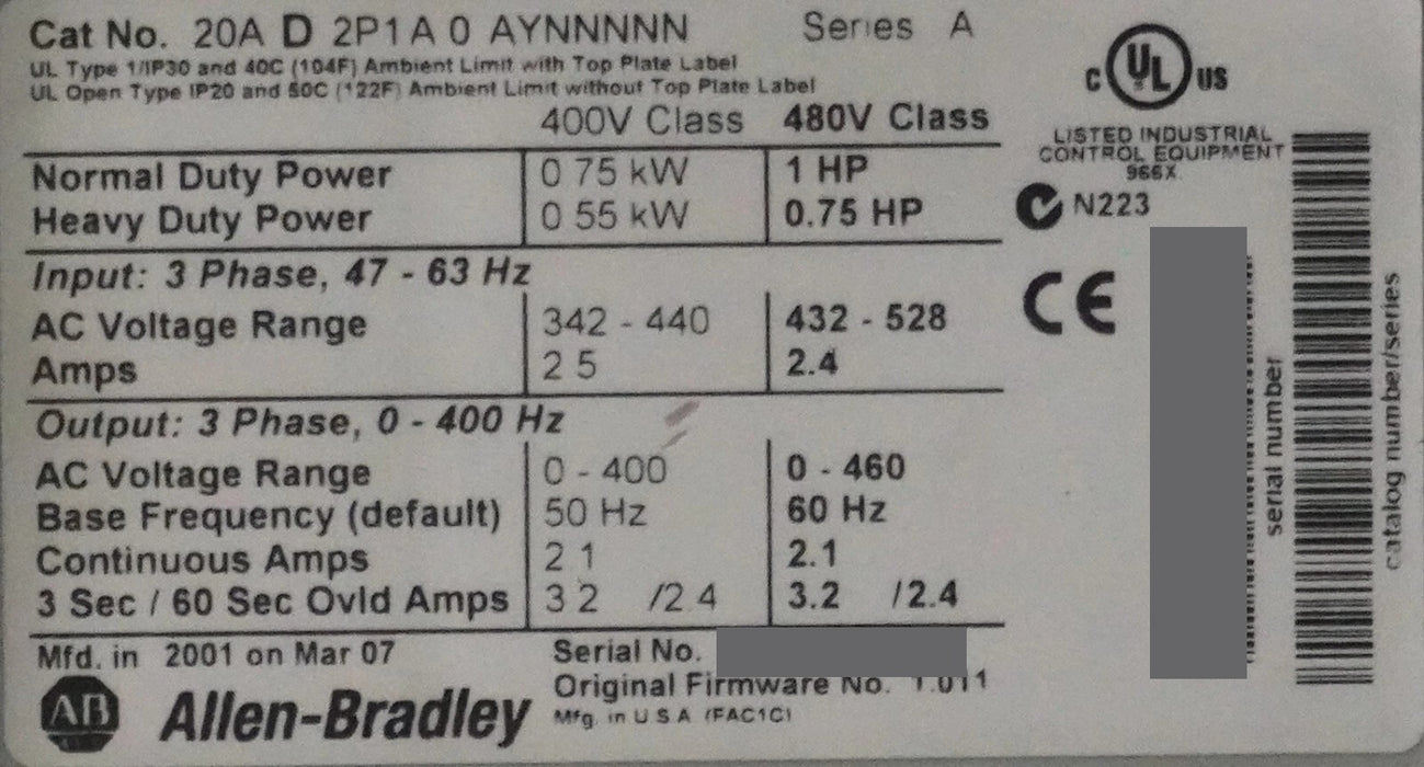 Allen Bradley PowerFlex 70 1 HP 20AD2P1A0AYNNNNN 480 VAC FRN 1.011 Tested Good