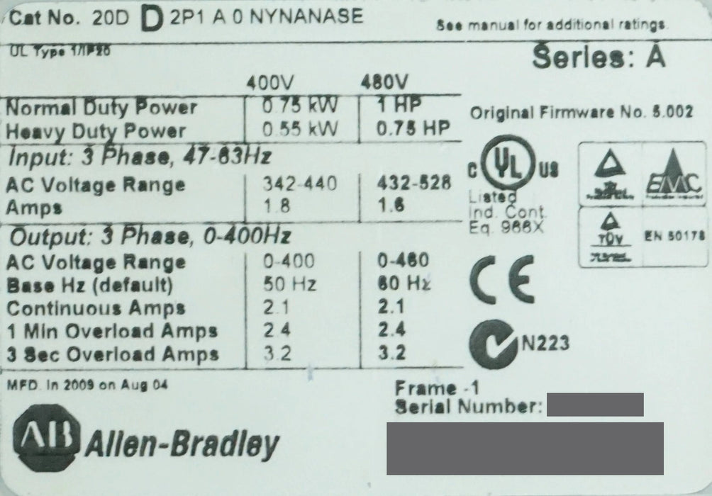 Allen-Bradley 20DD2P1A0NYNANASE PowerFlex 700S Power Supply 480VAC 1HP FRN 5.002