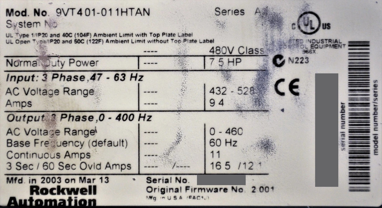 7.5 HP Rockwell Automation VTAC 9 AC Drive 9VT401-011HTAN FRM: 2.001