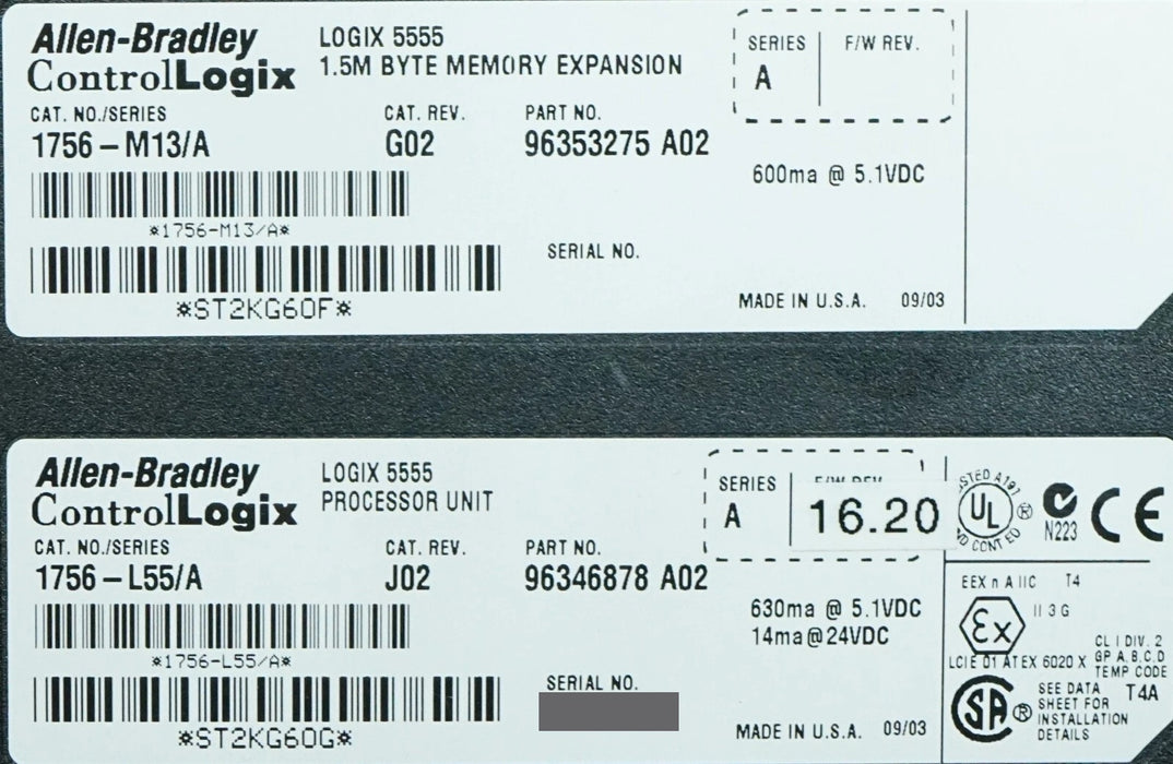 Allen  Bradley 1756-L55/A 1756-M13/A ControlLogix Logix5555 Processor FRN:16.20