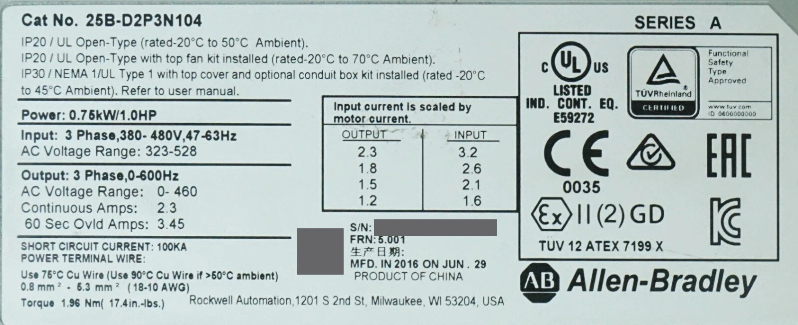 Allen-Bradley 25B-D2P3N104 PowerFlex 525 1 HP Series A FRN 5.001 Tested