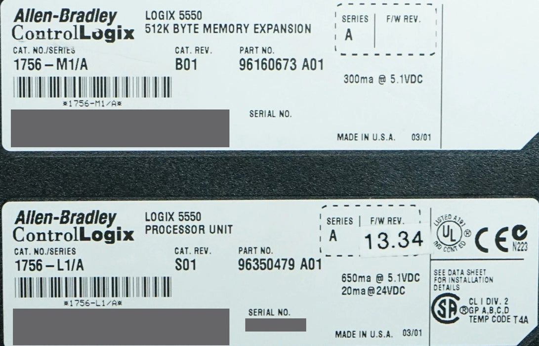 Allen Bradley 1756-L1/A W/1756-M1/A ControlLogix 5550 PLC Tested Good Ver:13.34