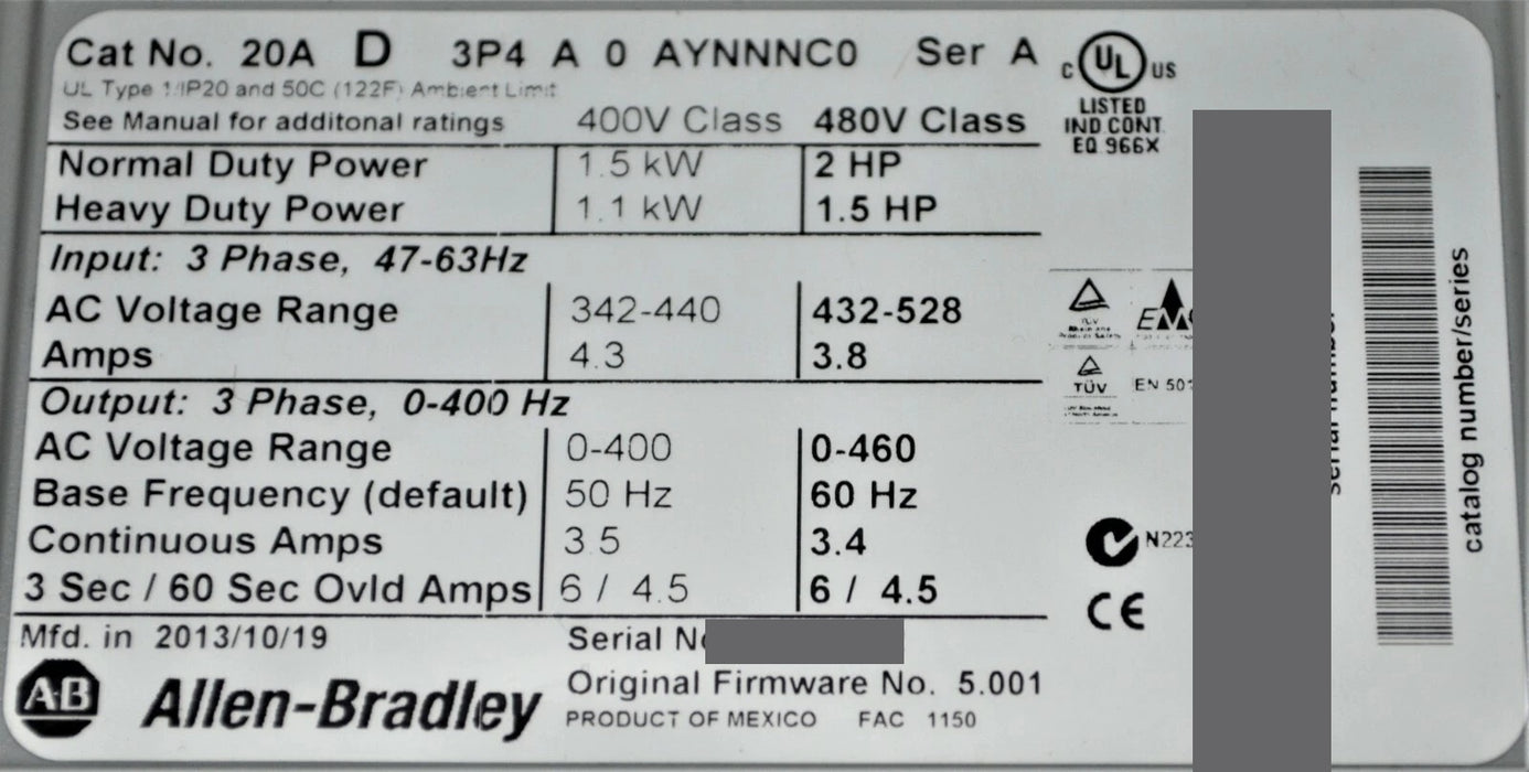 2013 Allen-Bradley PowerFlex 70 2 HP, 20AD3P4A0AYNNNC0 /A  480 VAC, 3.4 AC Drive