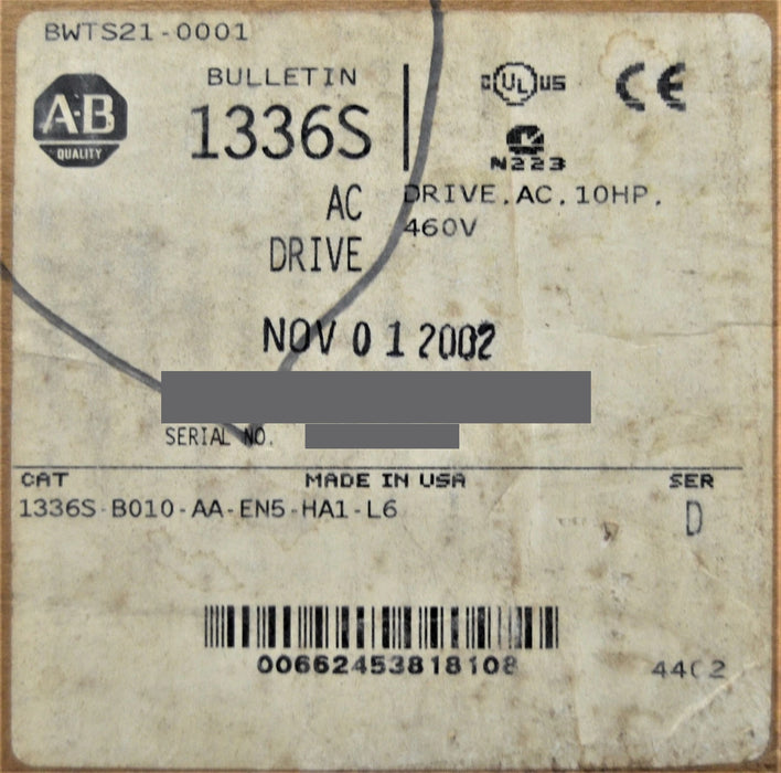 NEW ALLEN BRADLEY ADJUSTABLE FREQUENCY AC DRIVE 1336S-B010-AA-EN5-HA1-L6 SER. D