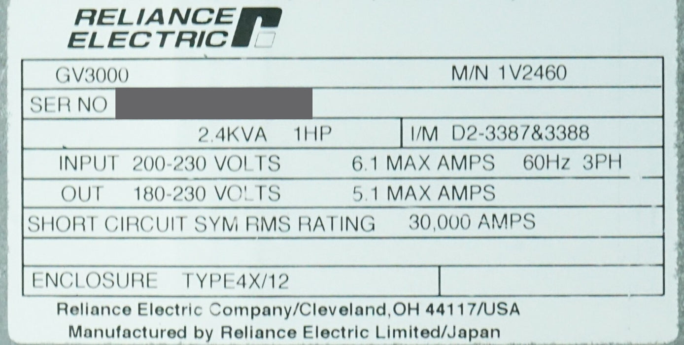 Reliance Electric GV3000 1V2460 FRN 6.06 1HP 230 VAC Tested Power Supply Only