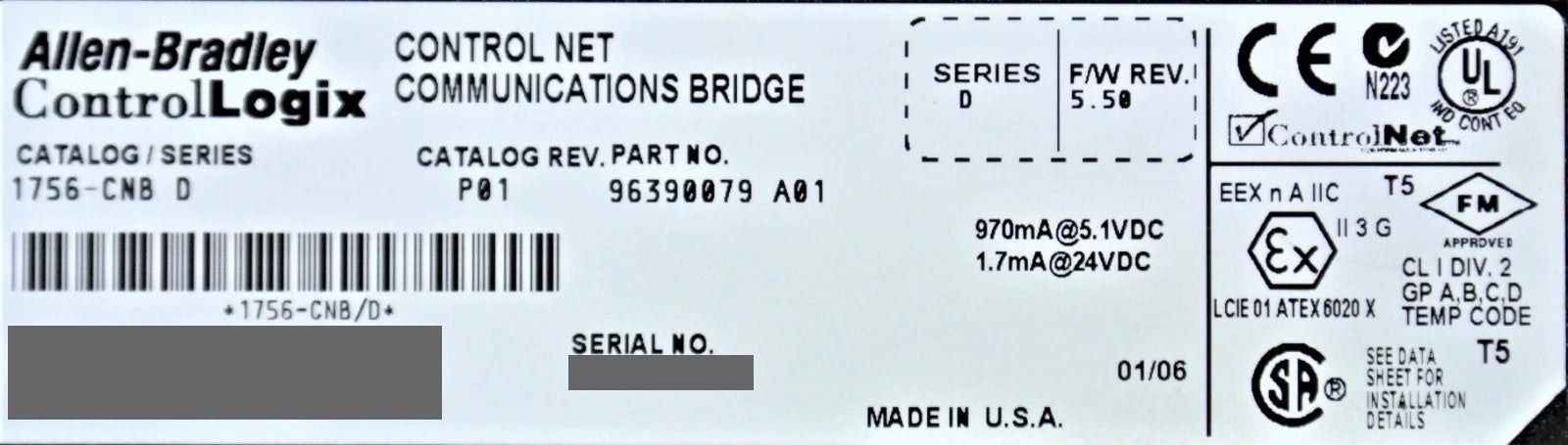 Allen-Bradley 1756-CNB D Firmware 5.50 ControlLogix ControlNet Bridge Module P01