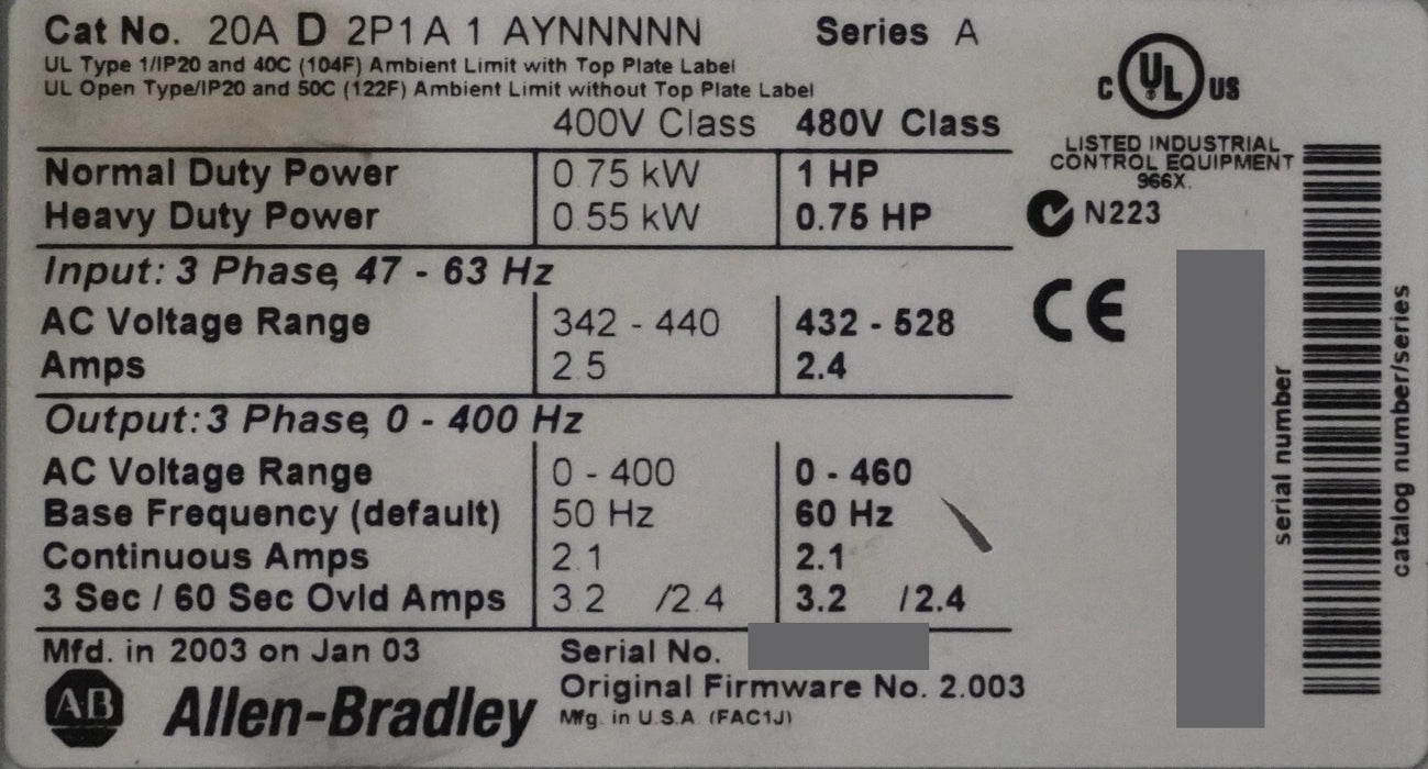 Allen-Bradley 20AD2P1A1AYNNNNN PowerFlex 70 1 HP Series A FRN:2.003 Tested Good