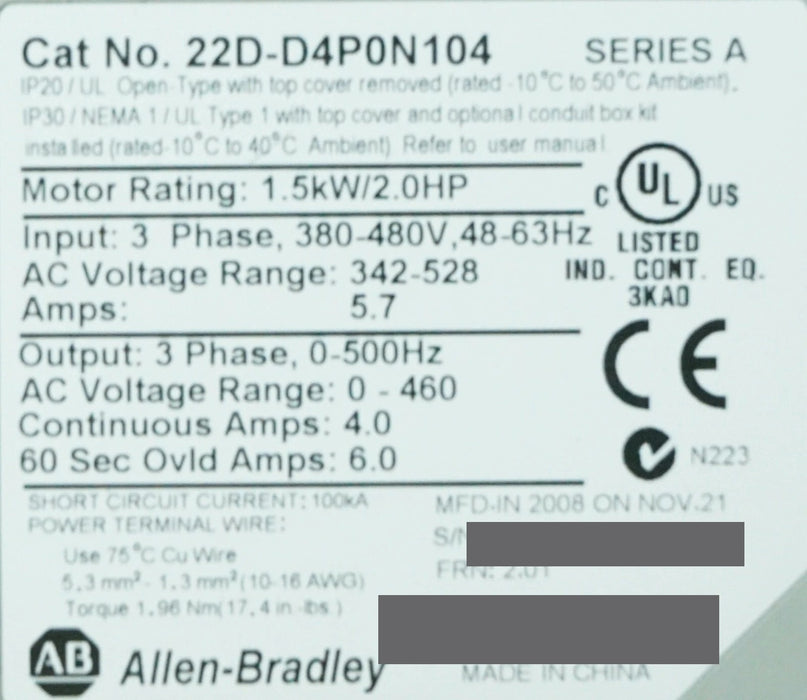 Allen-Bradley 22D-D4P0N104 PowerFlex 40P 2 HP Series A Tested Good