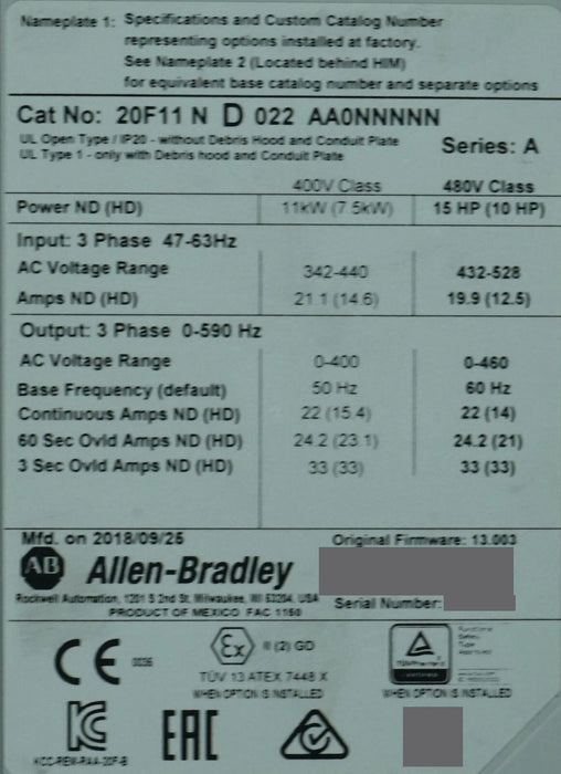 Allen-Bradley PowerFlex 753 20F11ND022AA0NNNNN 15HP 480 VAC FRN:14.002