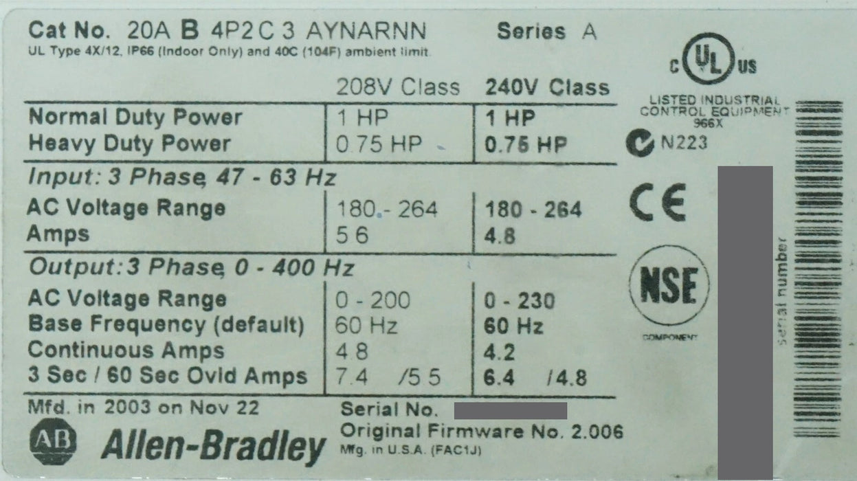 Allen-Bradley PowerFlex 70 1 HP 20AB4P2C3AYNARNN Tested Good FRN:2.006