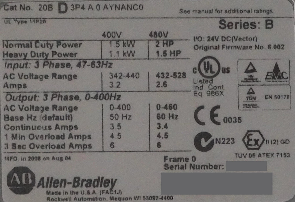 Allen-Bradley 20BD3P4A0AYNANC0 PowerFlex 700 2HP 480VAC FRN:6.002 Low Hrs Tested