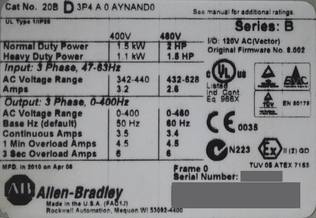 Allen-Bradley PowerFlex 700 2HP 20BD3P4A0AYNAND0 Series B 480 VAC FRN: 8.002