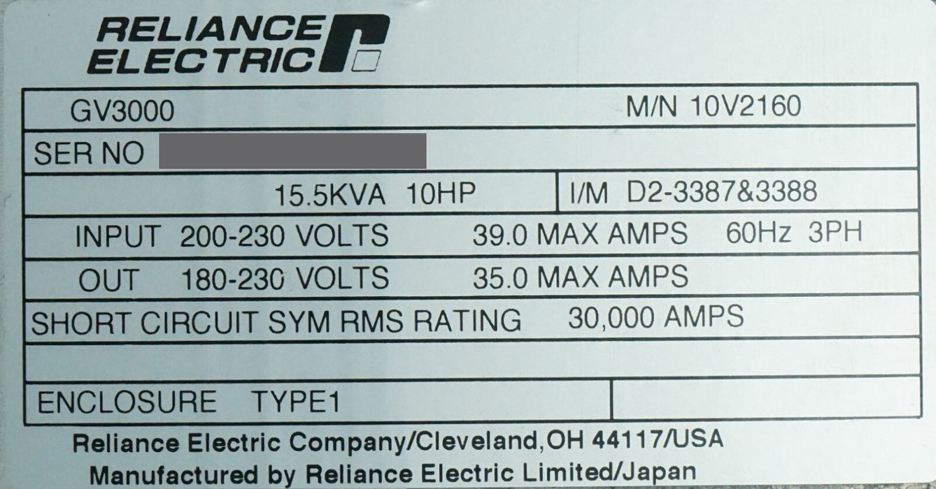 Reliance Electric Sensorless Enhanced AC DRIVE GV3000/SE 10V2160 Tested FRN:6.04