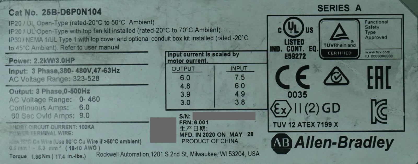 Low Hr 2020 Allen Bradley 25B-D6P0N104 3HP Powerflex 525 Series A FRN:6.001