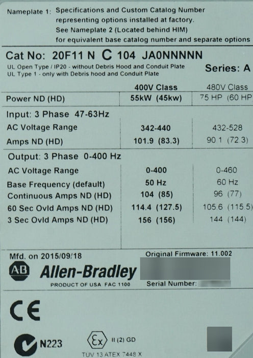 Allen-Bradley 20F11NC104JA0NNNNN /A PowerFlex 753 AC Drive 400V 104A 75HP Tested