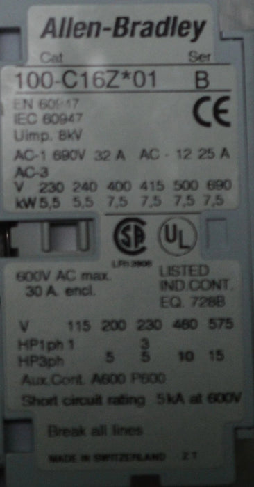 Allen Bradley 100-C16Z*01 Contactor, Series B 120V Single Contact