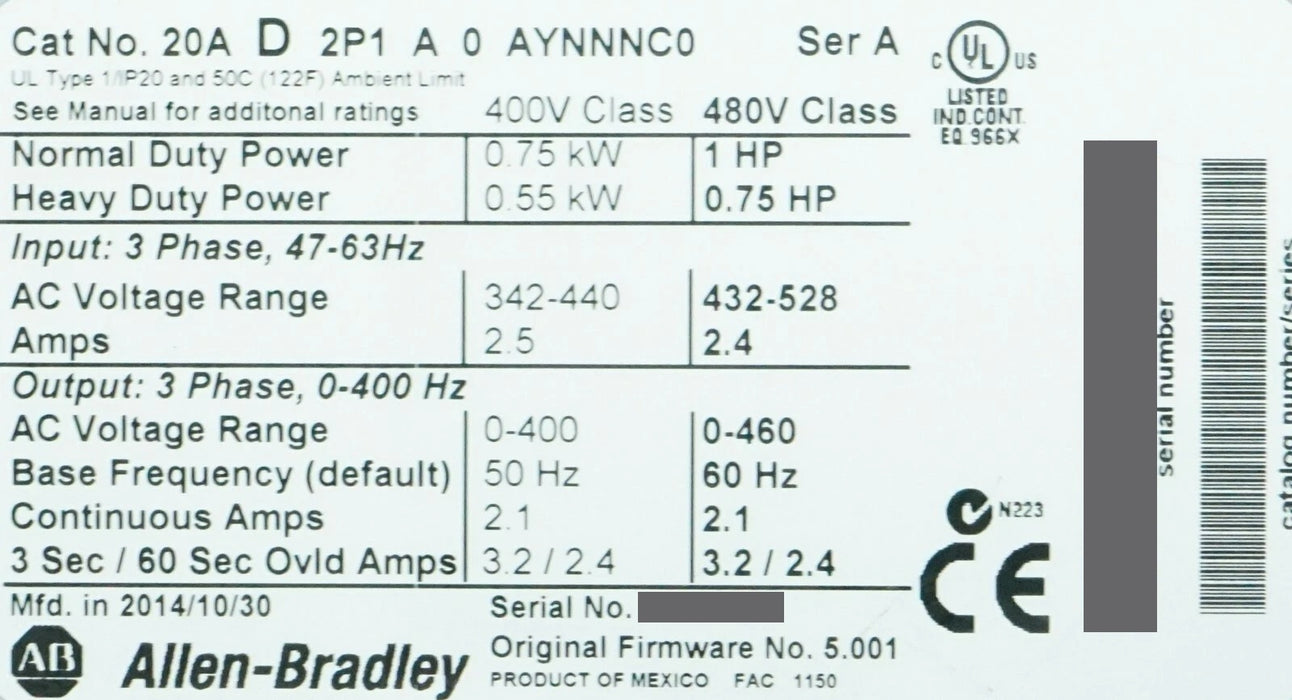 Allen-Bradley 20AD2P1A0AYNNNC0 PowerFlex 70 1 HP 480 VAC FRN 5.001 Tested Good