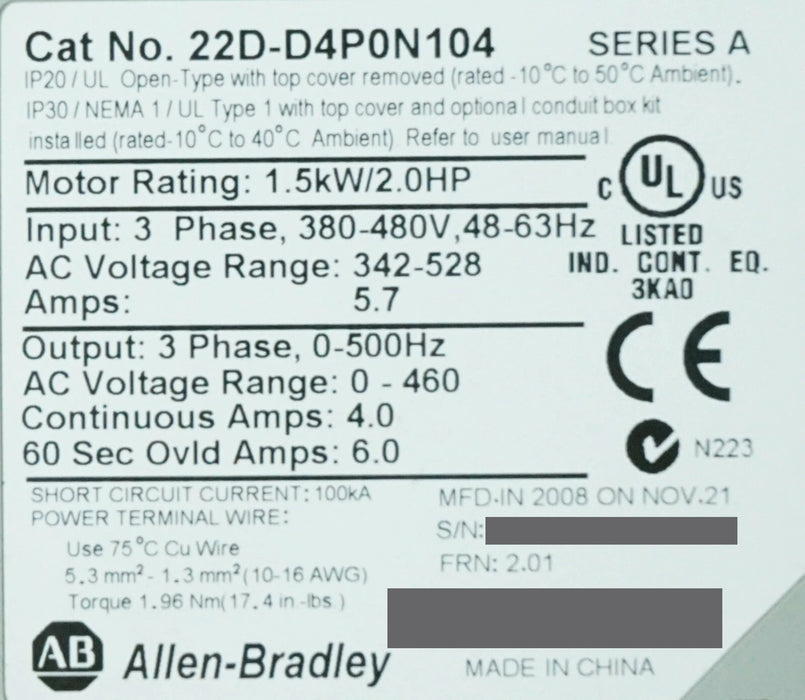 Zero Hours 22D-D4P0N104 Allen Bradley Power Flex 40P Drive 2 HP Ser. A FRN:2.01