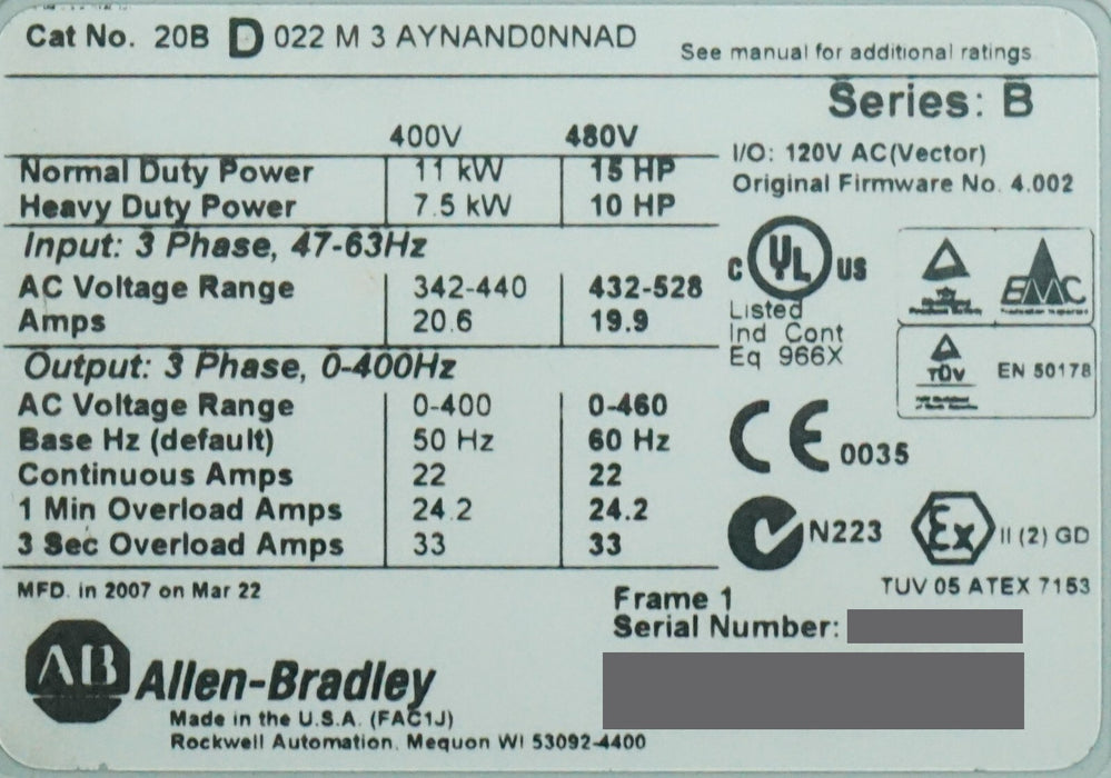 Allen-Bradley 20BD022M3AYNAND0NNAD PowerFlex 700 15HP FRN:10.001 Tested Good