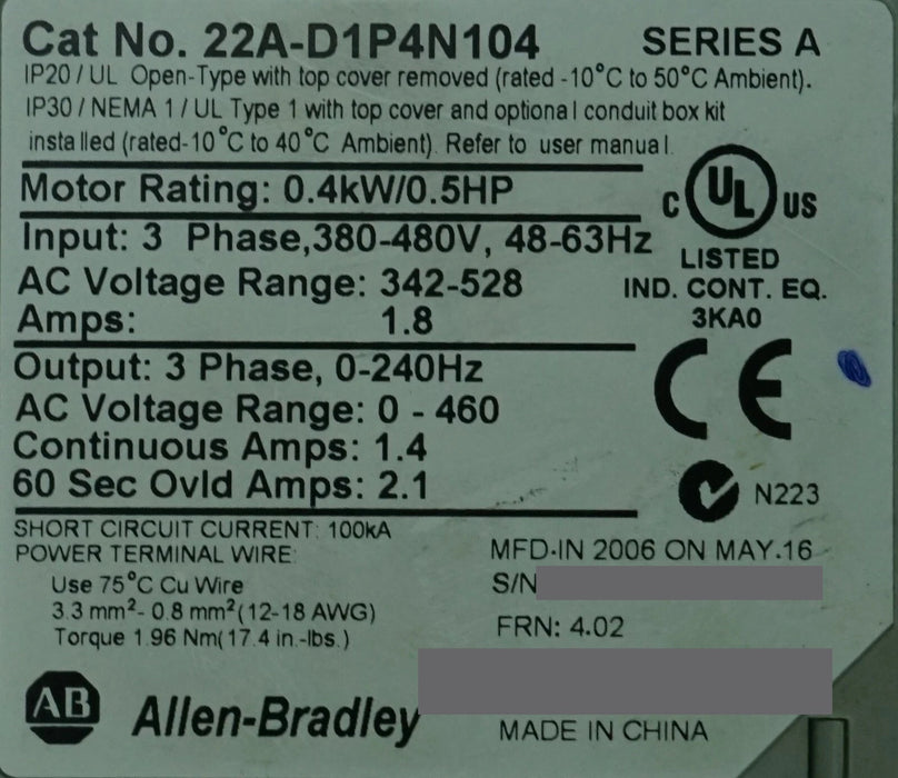 Allen Bradley PowerFlex 4 1/2HP 22A-D1P4N104 Series A Tested Good FRN:4.02