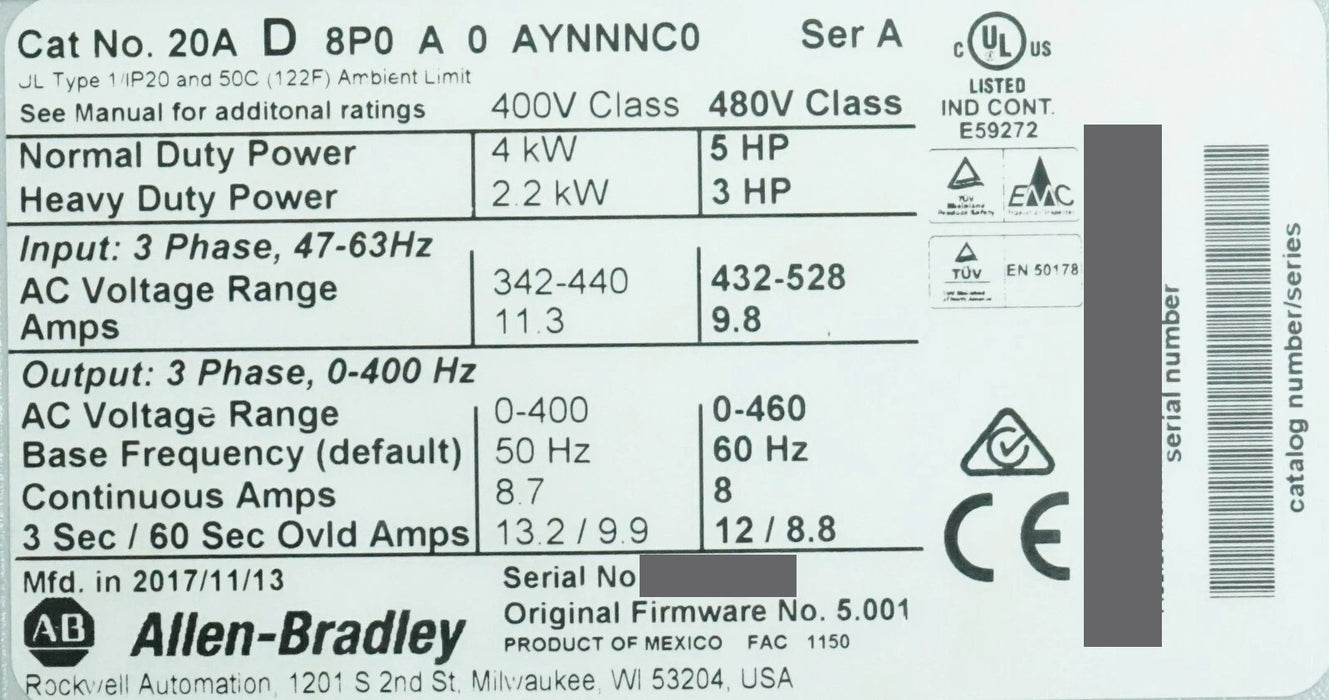 Low Hours Allen-Bradley POWERFLEX 70 5 HP 20AD8P0A3AYNNNNC0 Series A FRN: 5.001