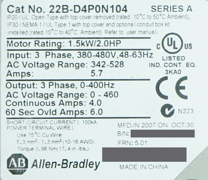 Allen-Bradley 22B-D4P0N104 PowerFlex 40 2HP Drive Series A FRN:6.01