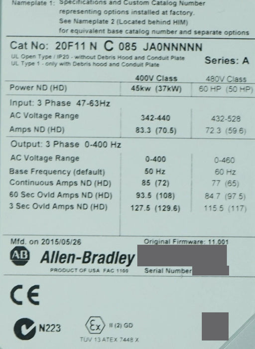 Allen Bradley 20F11NC085JA0NNNNN /A PowerFlex 753 AC Drive 400V 85A 60HP Tested