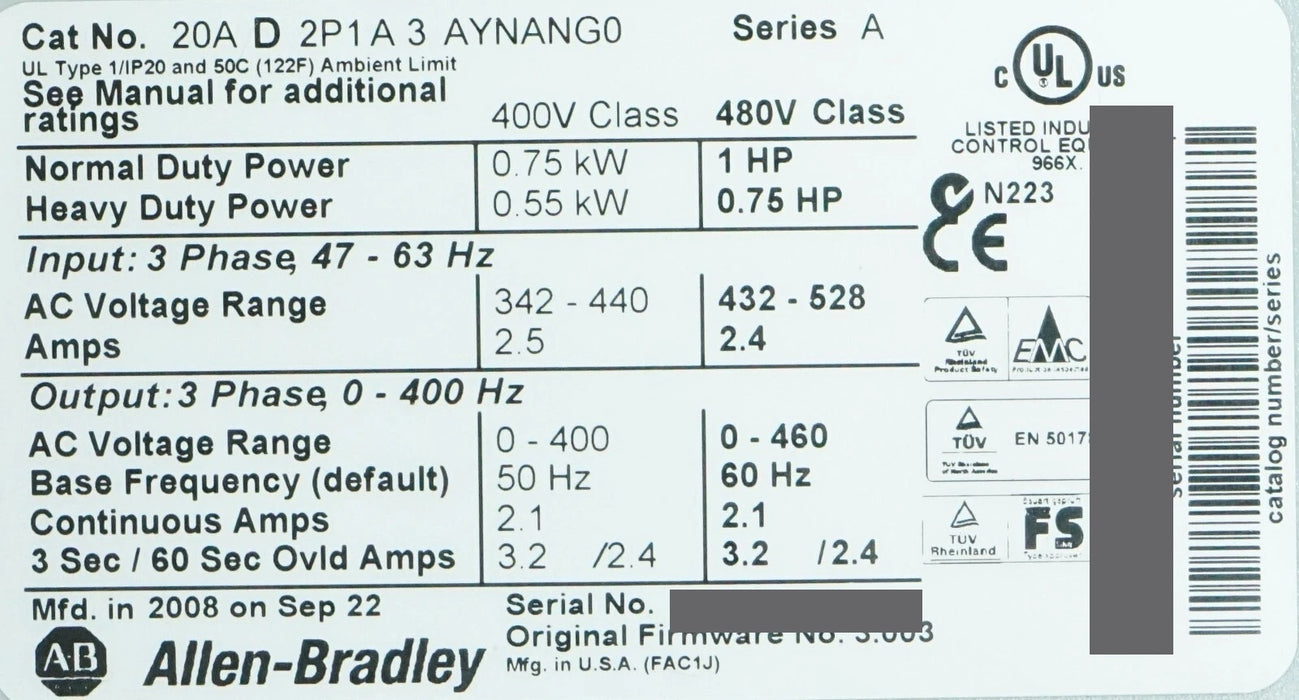 Allen-Bradley PowerFlex 70 1HP 20AD2P1A3AYNANG0 480VAC FRN:3.003 Tested