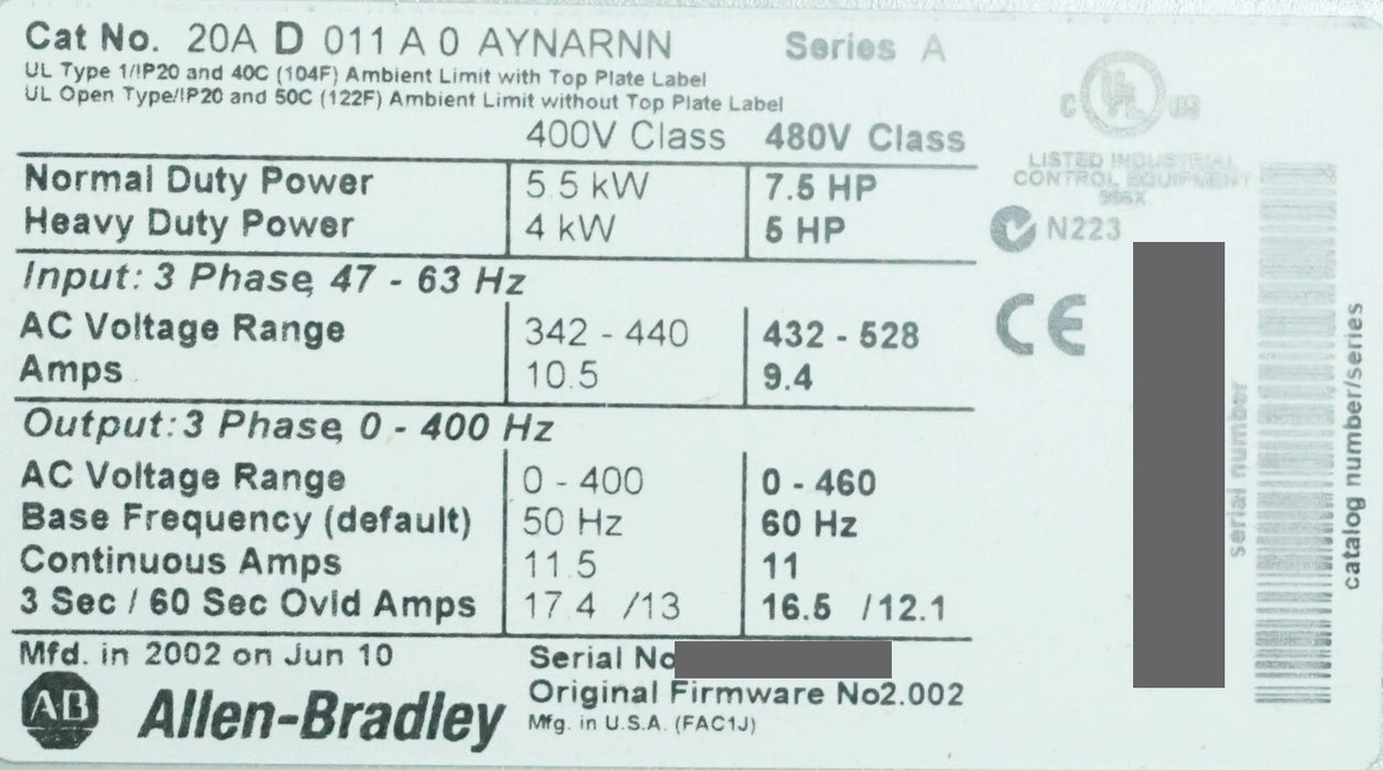 Allen-Bradley 20AD011A0AYNARNN PowerFlex 70 7.5HP 480 VAC FRN:2.002